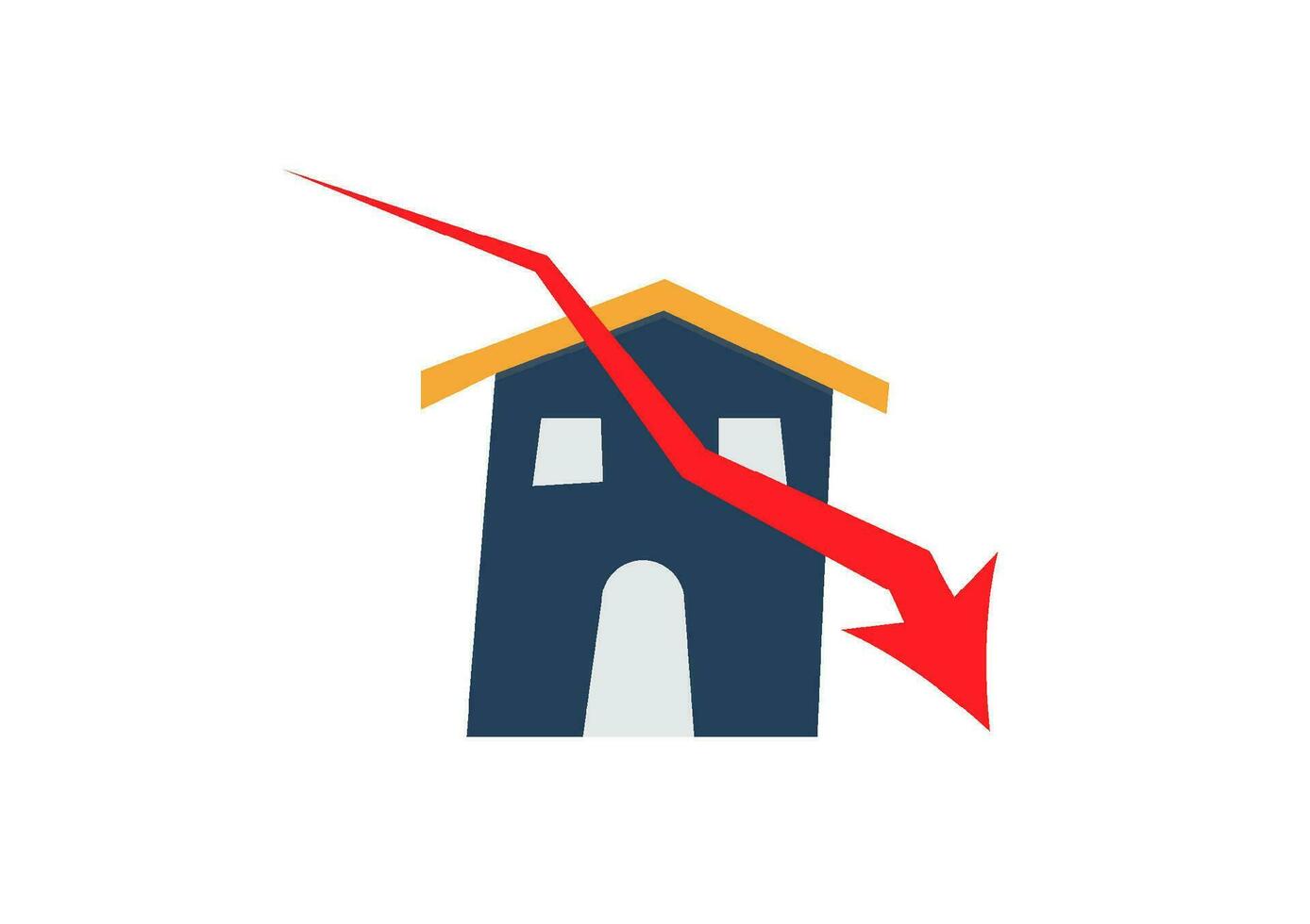 real Estado crise conceito. pequeno casa com suspenso seta vermelho gráfico em branco fundo. declínio o negócio e propriedade preços. vetor