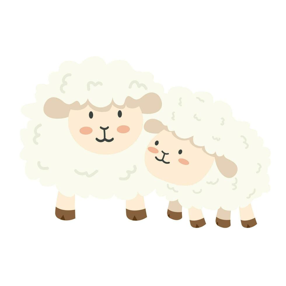 fofa branco ovelha e bebê ovelha plano vetor