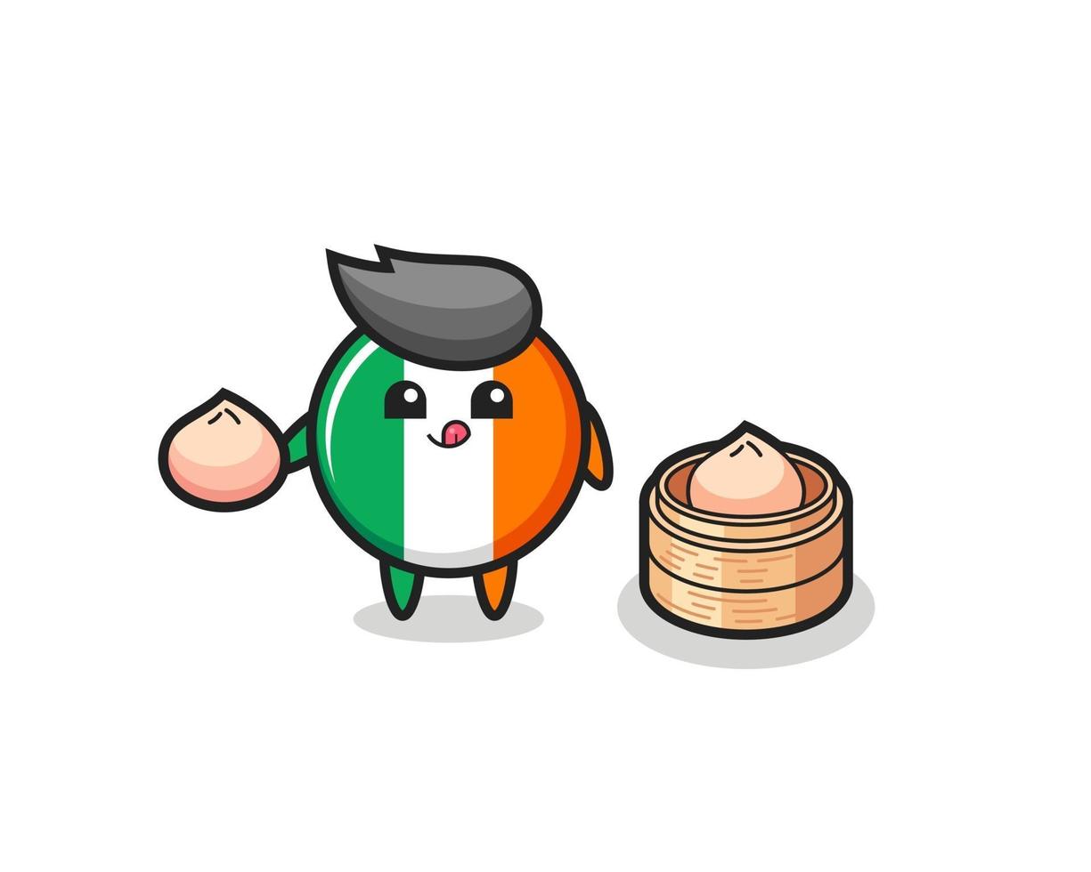 Personagem fofa do distintivo da bandeira da Irlanda comendo pãezinhos no vapor vetor