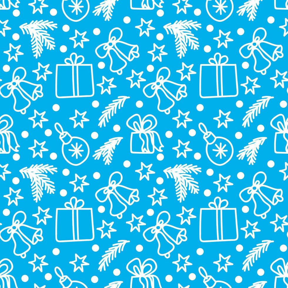 alegre Natal e feliz Novo ano desatado padronizar dentro rabisco estilo. vetor ilustração em uma azul fundo com branco linha.