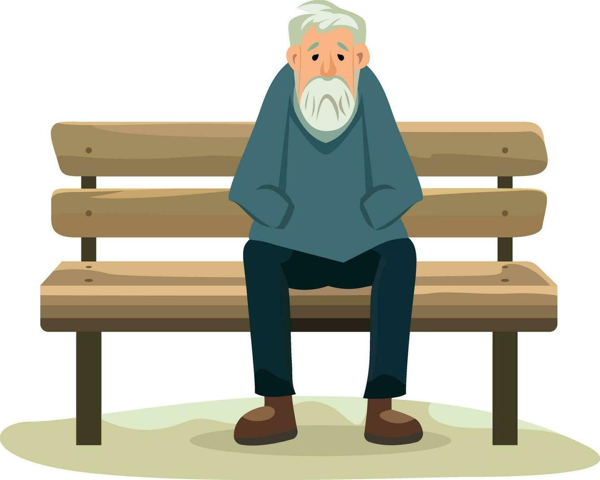 solitário triste velho homem sentado em uma parque Banco plano estilo vetor ilustração, velho cara em uma de madeira parque Banco estoque vetor imagem
