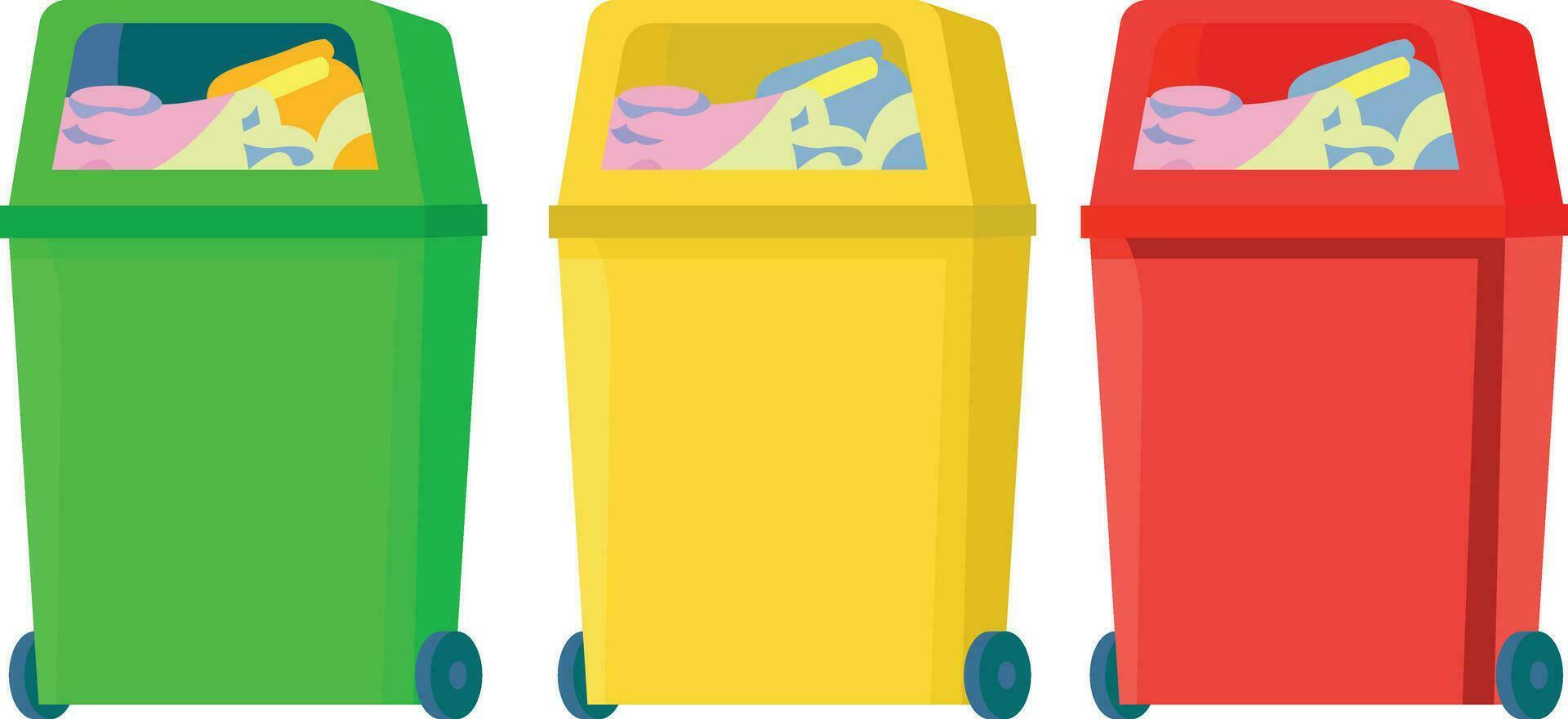 lixo recipiente verde, amarelo, vermelho, plano estilo vetor ilustração, diferente cores do público lixo latas, desperdício biodegradável, reciclável, e perigoso estoque vetor imagem