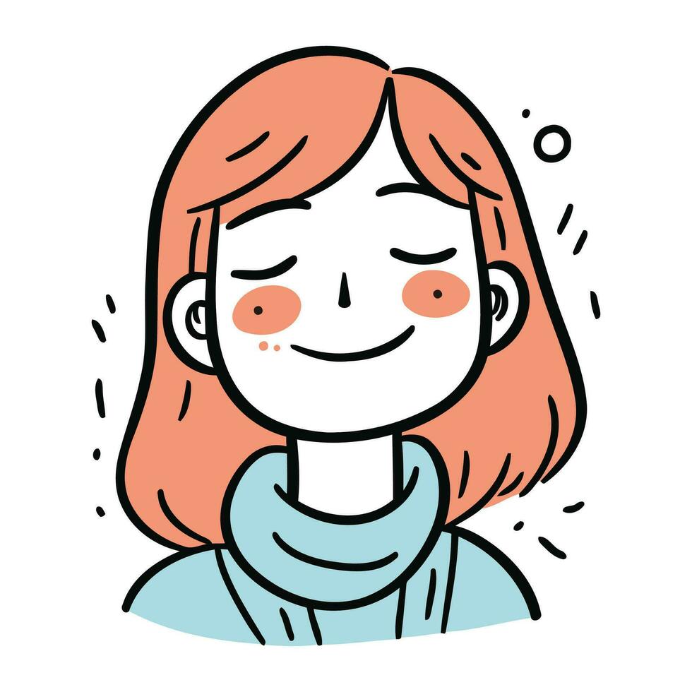 vetor ilustração do uma fofa menina com vermelho cabelo e azul cachecol em branco fundo.