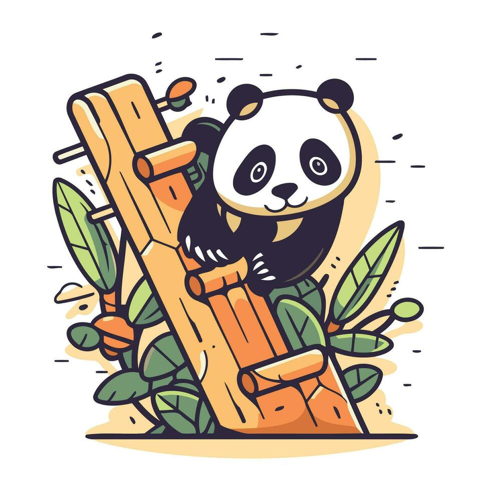 vetor ilustração do fofa panda Urso escalada uma de madeira cerca com bambu.