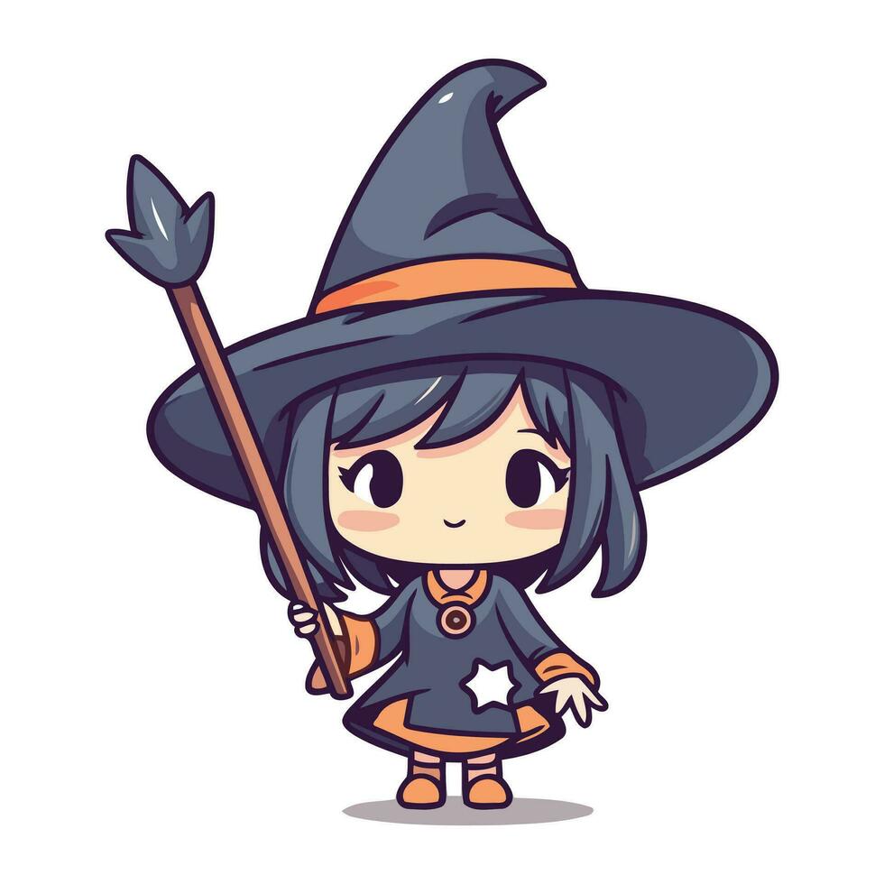 fofa pequeno bruxa menina com vassoura e chapéu. vetor ilustração.