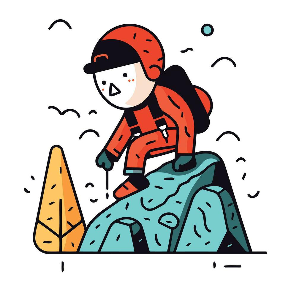 alpinista em uma Rocha. vetor ilustração dentro desenho animado estilo.