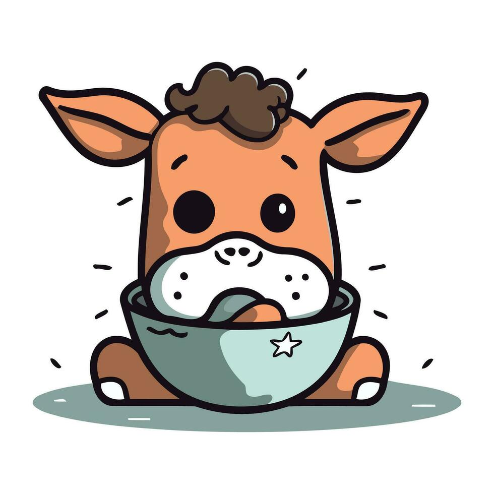 fofa desenho animado vaca com uma tigela do leite. vetor ilustração.