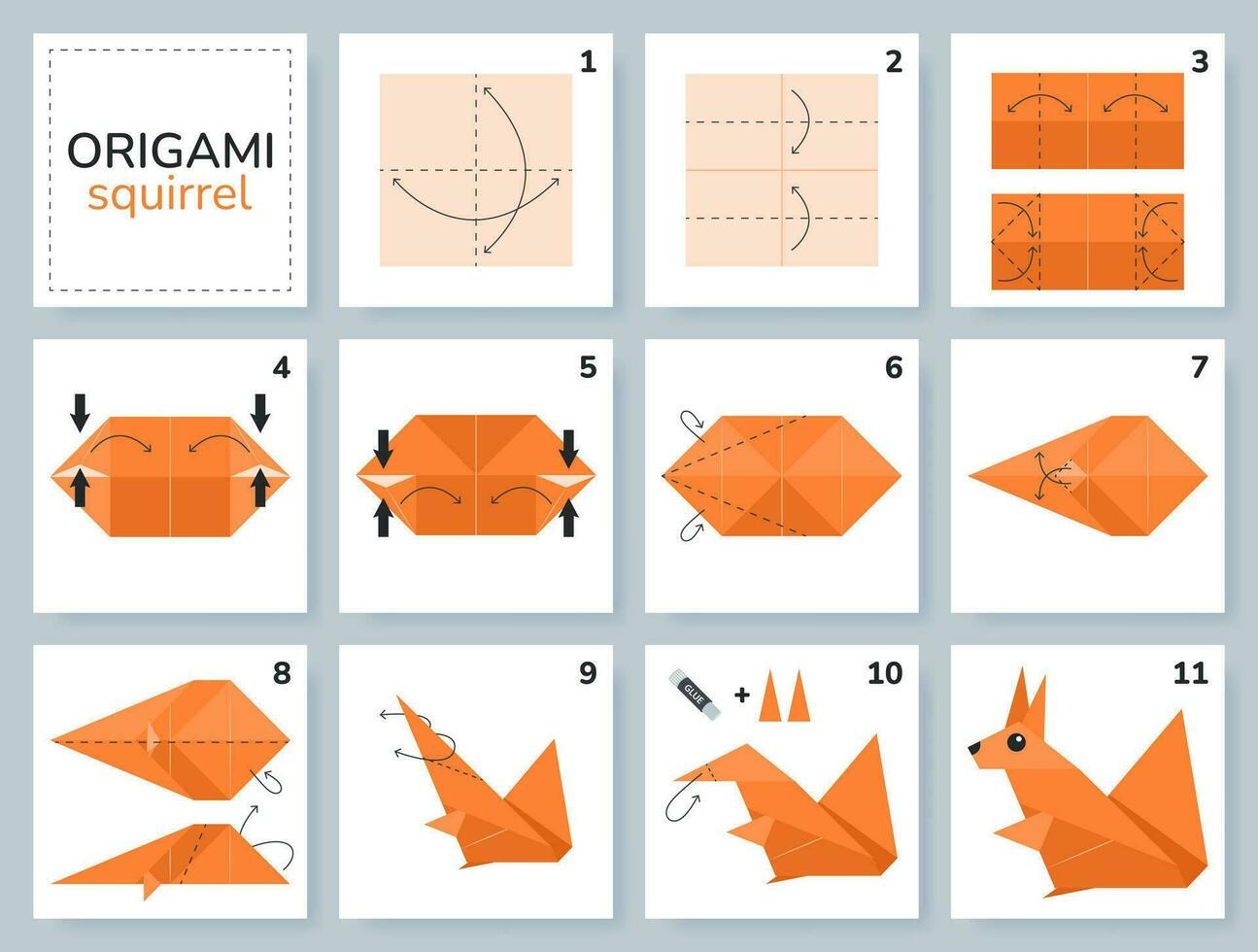 esquilo origami esquema tutorial comovente modelo. origami para crianças. degrau de degrau quão para faço uma fofa origami selvagem animal. vetor ilustração.