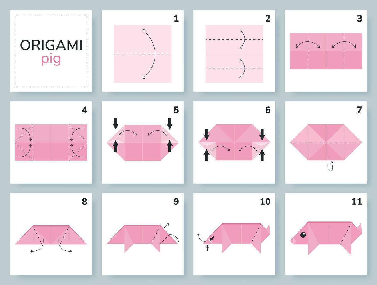 porco origami esquema tutorial comovente modelo. origami para crianças. degrau de degrau quão para faço uma fofa origami Fazenda animal. vetor ilustração.
