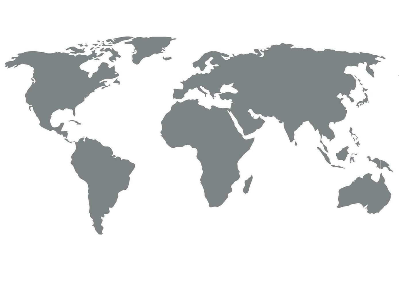 vetor do mapa do mundo, isolado no fundo branco. terra plana, modelo de mapa cinza para padrão de site da web, relatório anual, infográficos. globo ícone de mapa mundial semelhante. viajar em todo o mundo, mapa de fundo de silhueta.