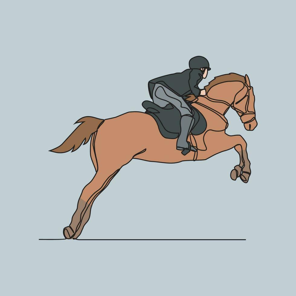 1 contínuo linha desenhando do pessoas equitação a cavalo. uma jóquei é alguém quem passeios uma cavalo dentro uma corrida. equitação a cavalo dentro simples linear estilo vetor ilustração. adequado Projeto para seu ativo.