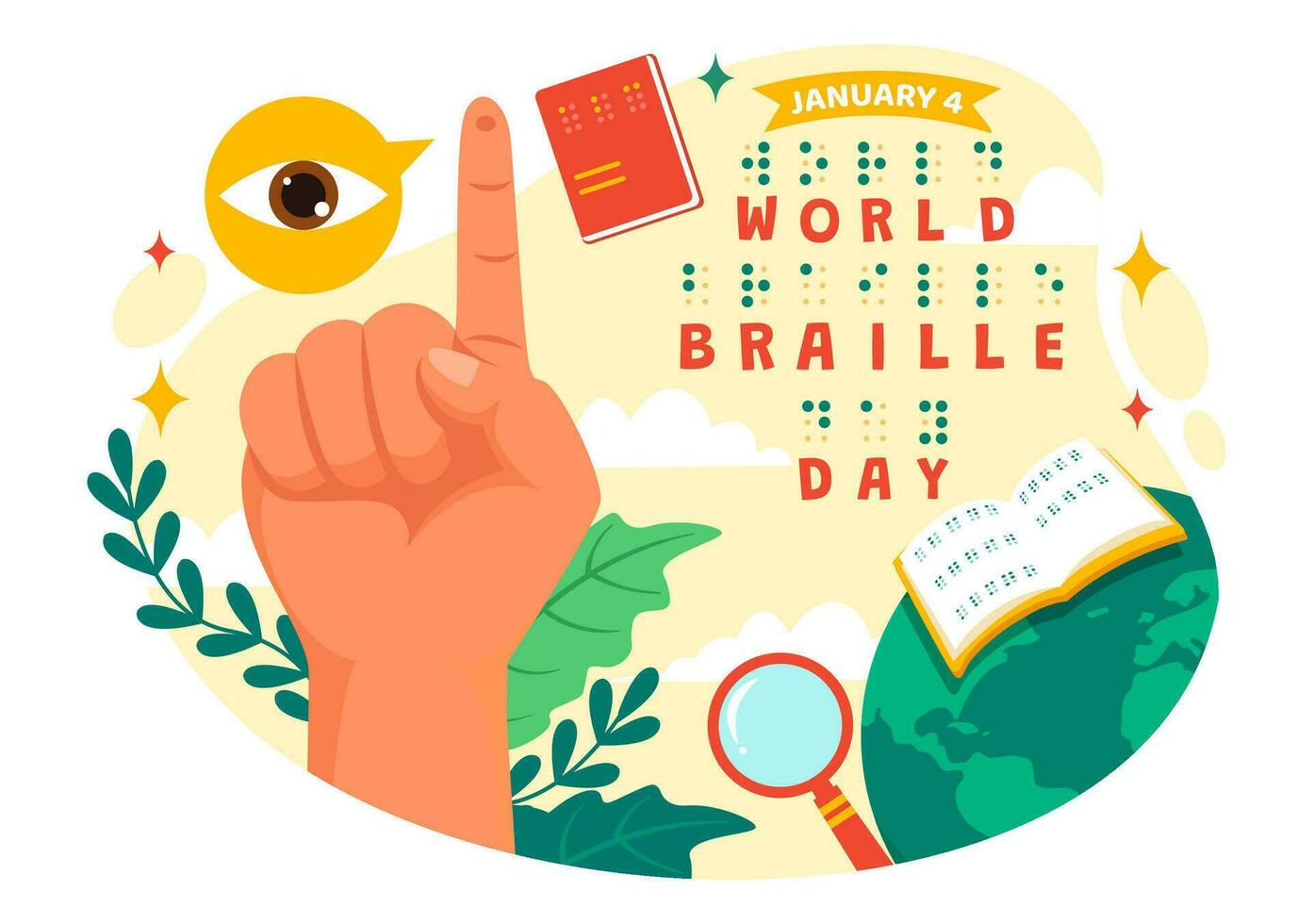 mundo braille dia vetor ilustração em 4º do janeiro com texto de alfabeto para significa do comunicação dentro plano crianças desenho animado fundo Projeto