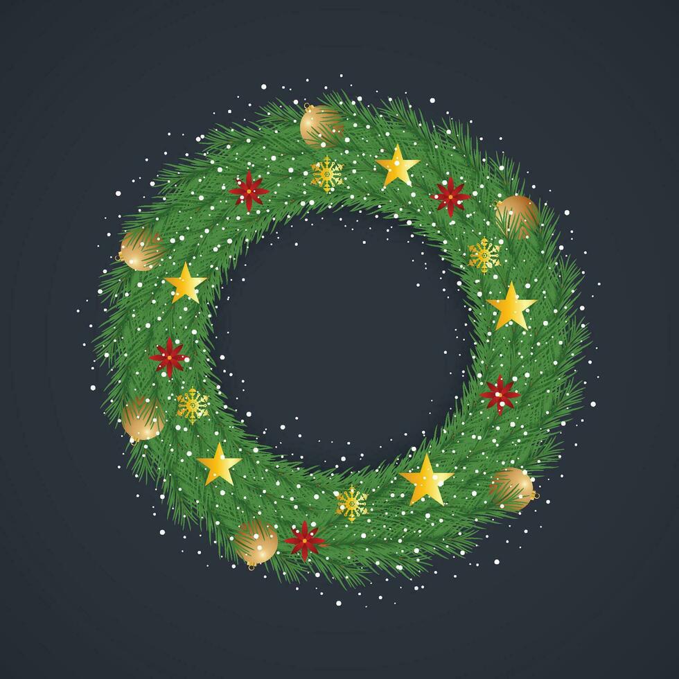 realista Natal verde guirlanda com dourado bolas e neve com floco de neve e luz com dourado estrelas e vermelho flores vetor