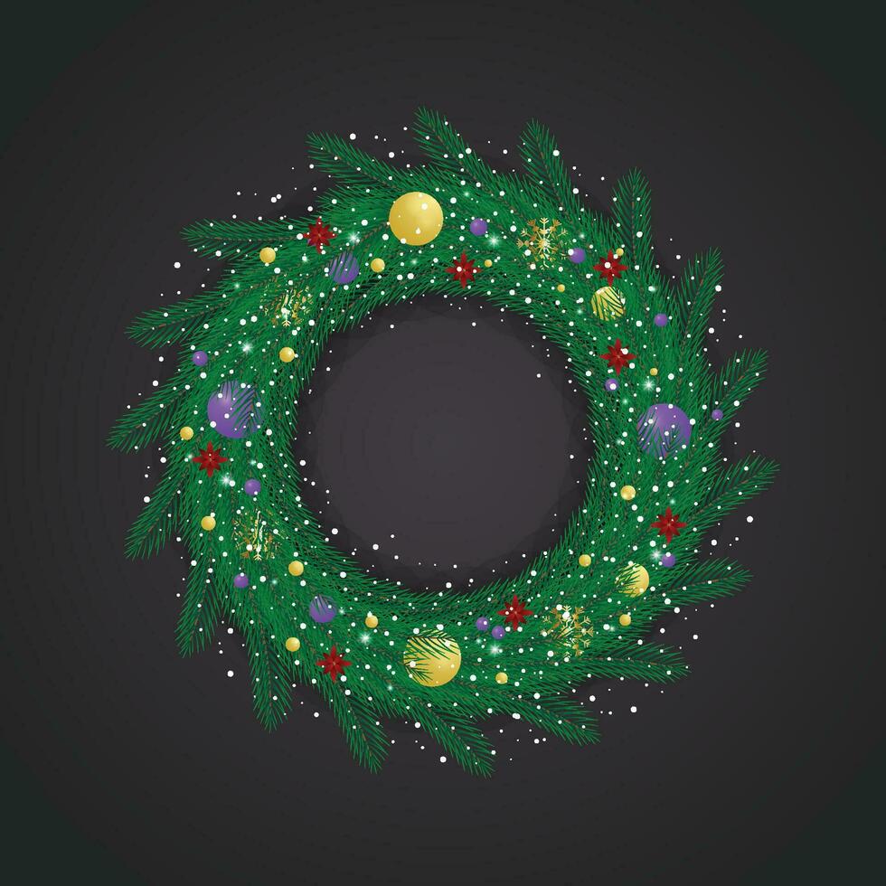 realista Natal verde guirlanda com azul e dourado bolas com neve e flocos de neve com vermelho flores e luzes. vetor