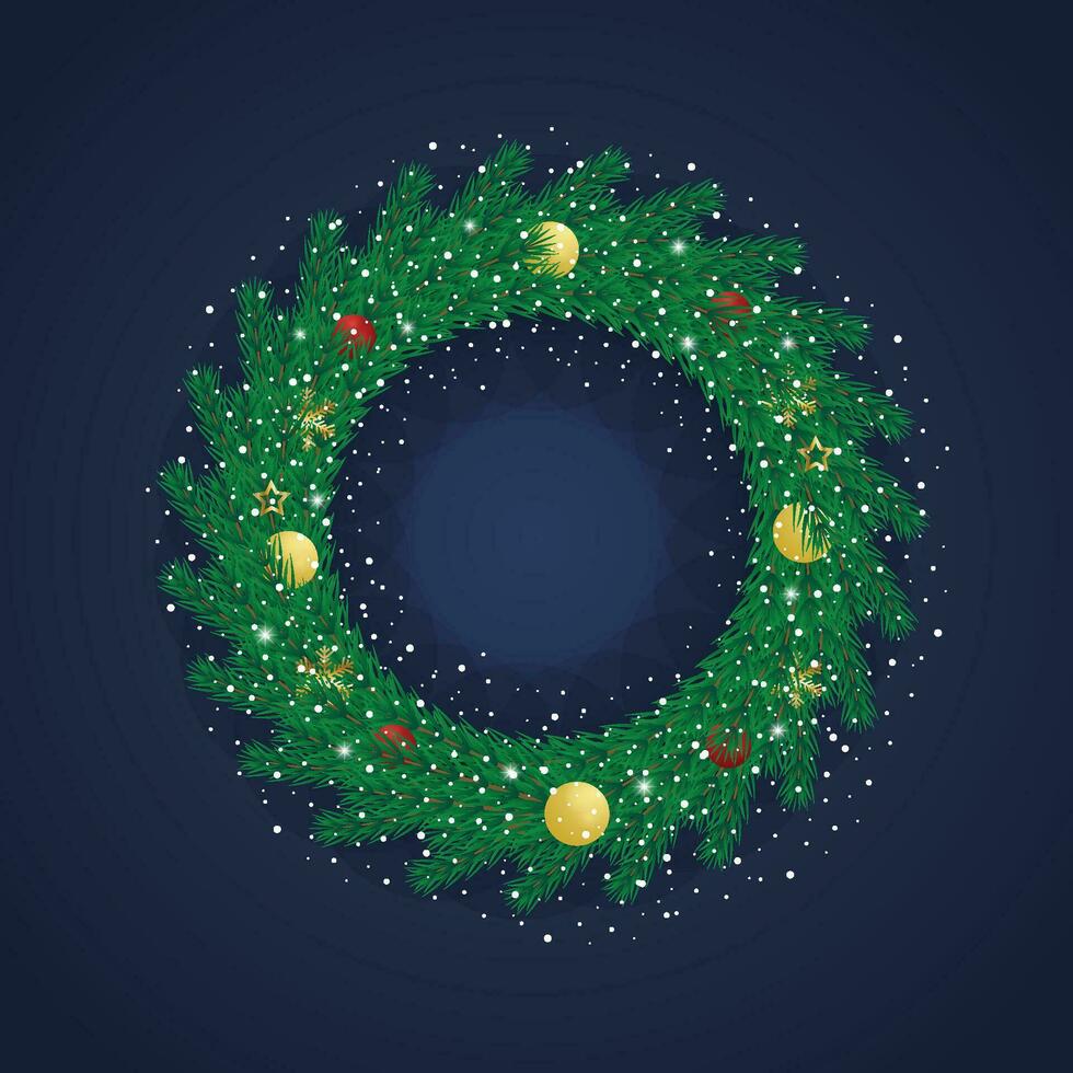 realista Natal verde guirlanda com dourado e vermelho bolas com neve e flocos de neve com luzes e dourado estrelas. vetor