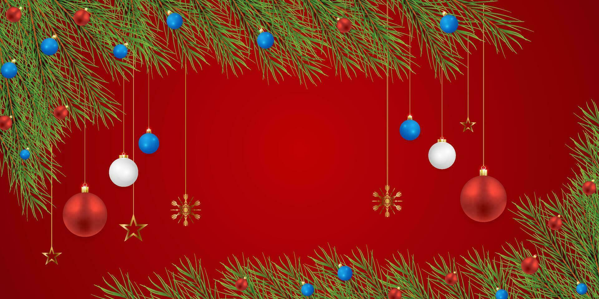 realista Natal verde folha bandeira com azul e verde com branco bolas com luzes e dourado estrelas com flocos de neve e uma vermelho fundo. vetor