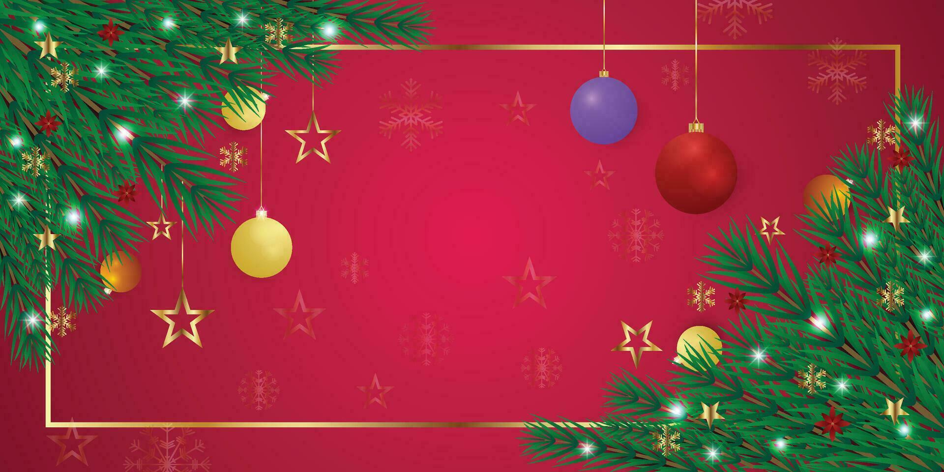 realista Natal verde folha bandeira com vermelho e azul bolas com luzes e dourado estrelas com flocos de neve e vermelho flores vetor