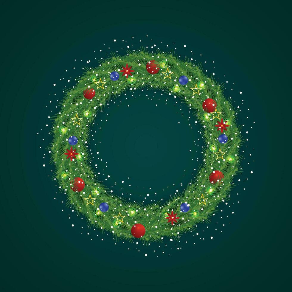 realista Natal verde guirlanda com vermelho e azul bolas com neve e vermelho flores com dourado estrelas e dourado luzes. vetor