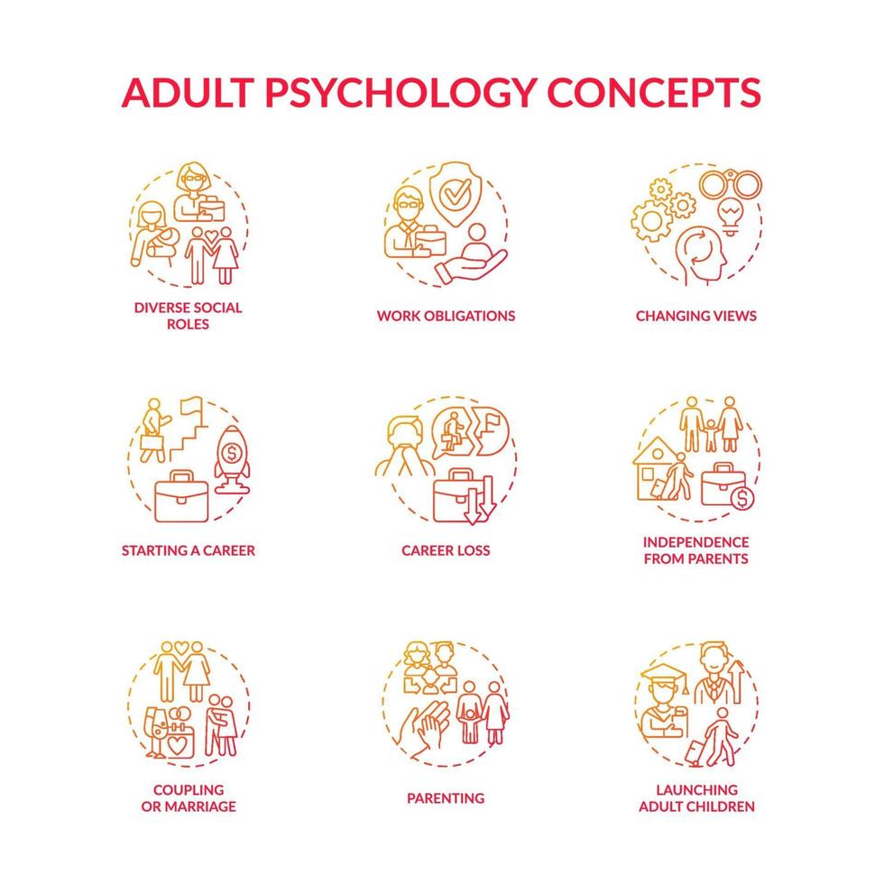 Conjunto de ícones de conceito de relacionamento social e psicologia da idade adulta vetor