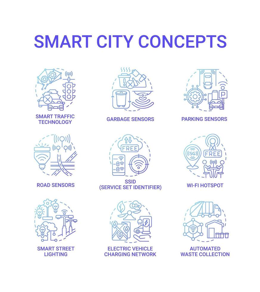 conjunto de ícones do conceito de cidade inteligente gradiente azul vetor
