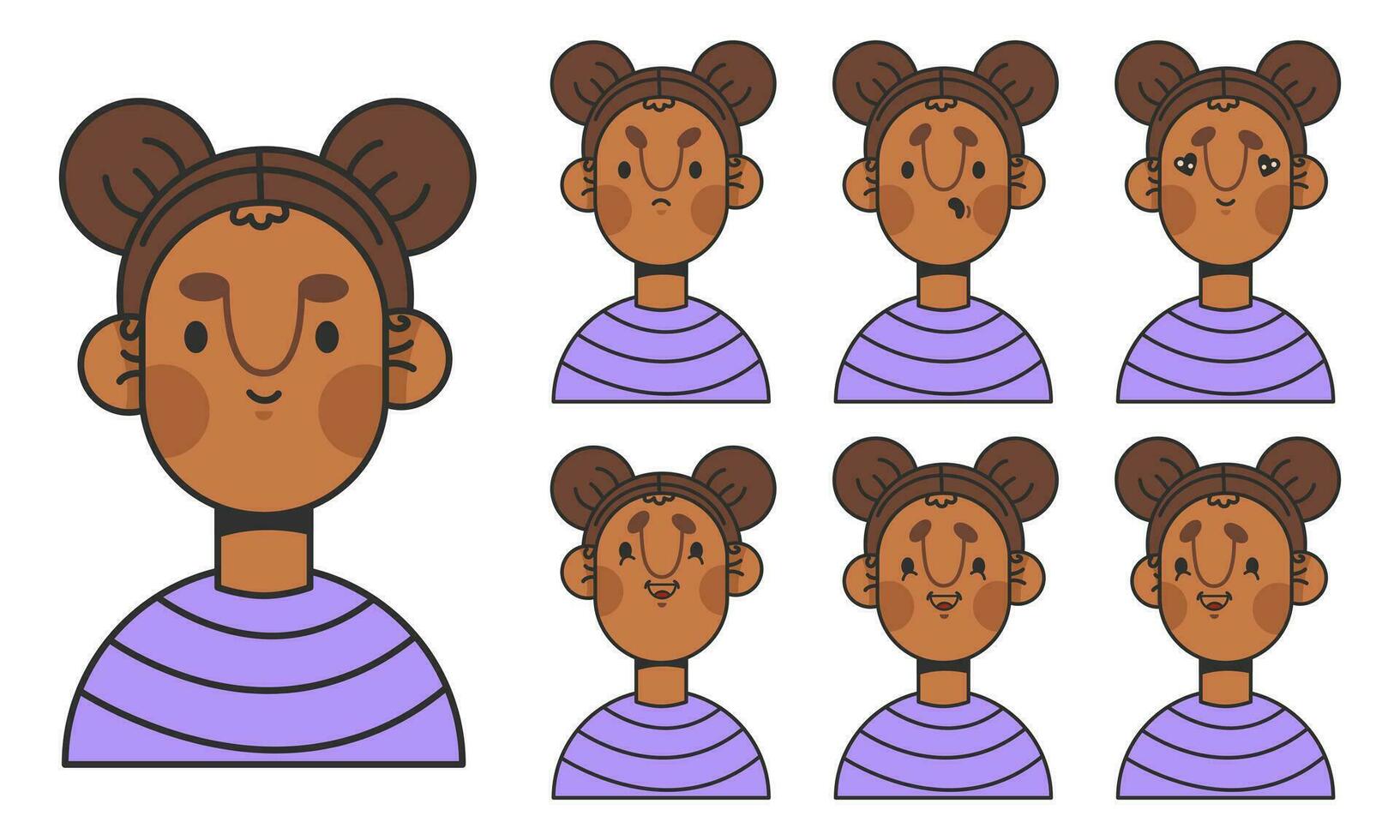 legal menina desenho animado personagem para animação emoções. jovem menina face construção. avatar com diferente expressões. desenho animado fêmea personagem, vetor ilustração