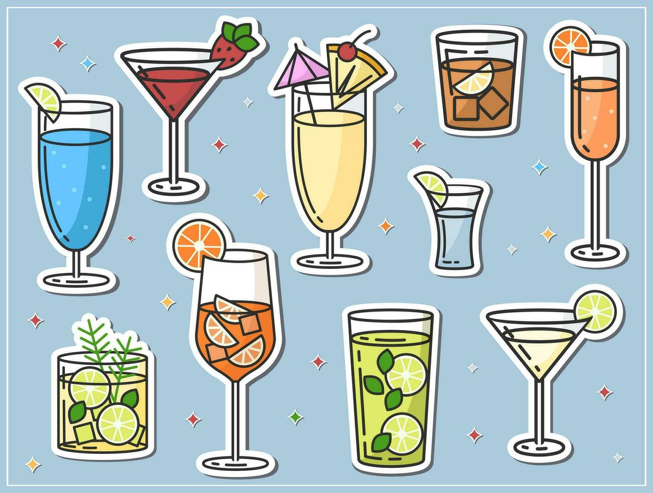 alcoólico coquetéis adesivos plano vetor estilo.azul lagoa, Cuba livre, morango daiquiri e etc. vetor ilustração