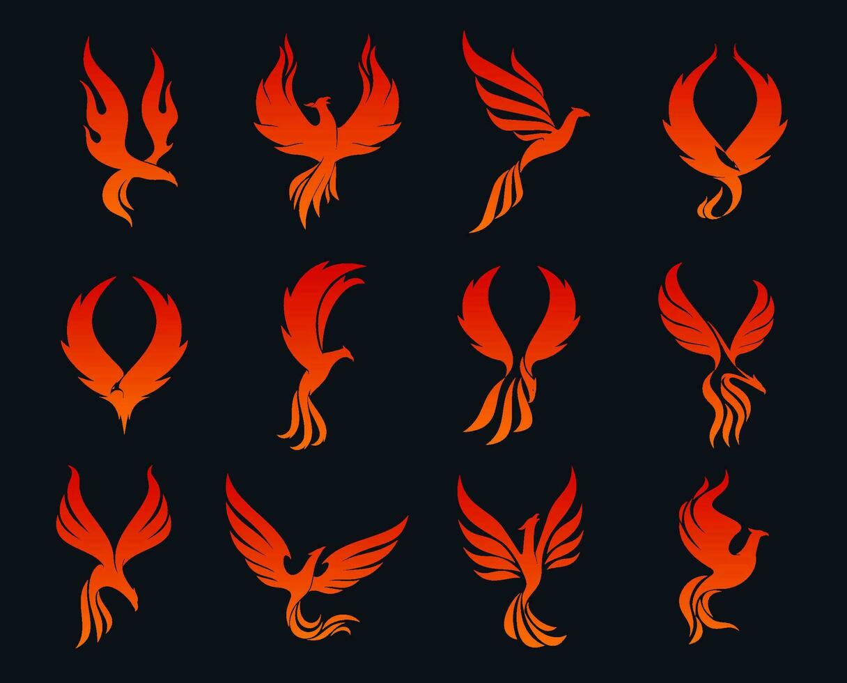 Fénix pássaro ícones, Águia fogo vôo dentro chamas vetor
