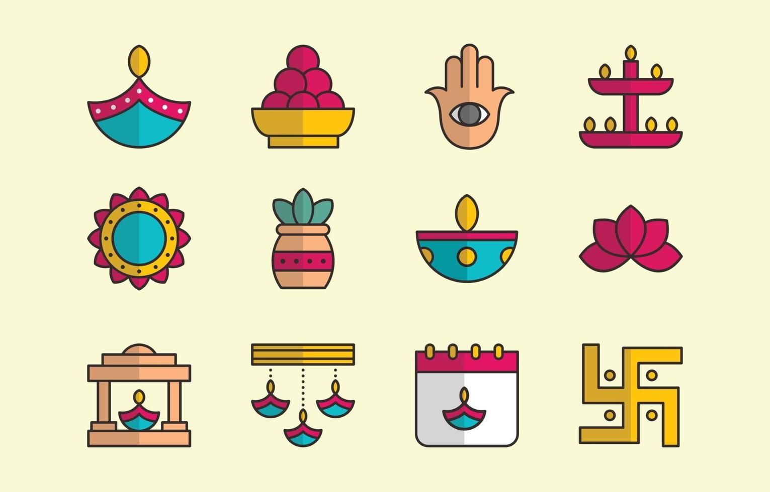 conjunto de ícones plano colorido do festival de luzes de Diwali vetor