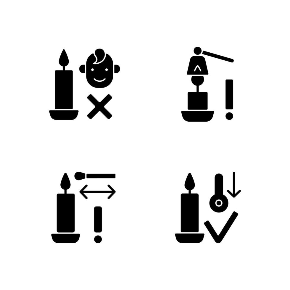 queimando velas com segurança ícones de rótulo de glifo preto definidos no espaço em branco vetor