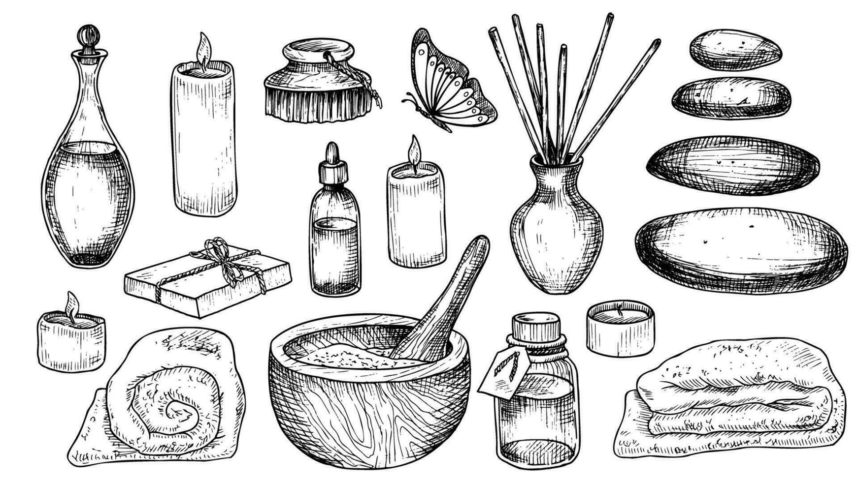 spa conjunto com garrafas, toalha, argamassa e pilão. mão desenhado vetor ilustrações dentro Preto e branco cores para clipart ou beleza Cosmético Projeto. grande agrupar para aromaterapia ou alternativo remédio