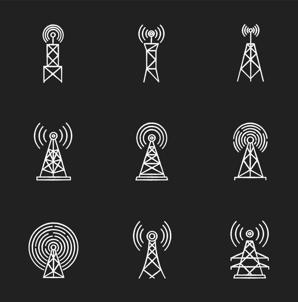 Antenas e torres de celular 5g com ícones de giz branco em fundo preto vetor