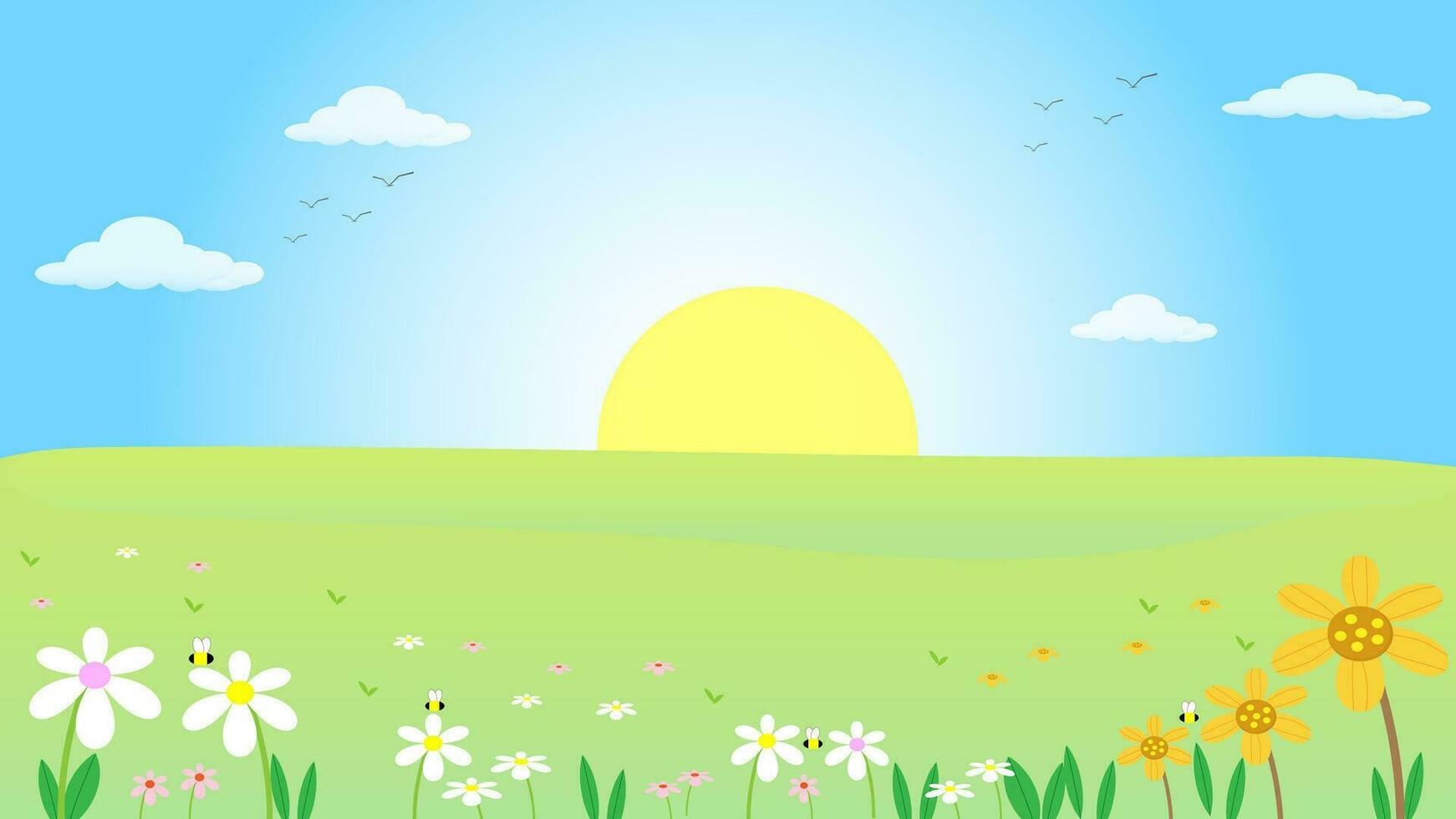 paisagem de campos verdes de prado de primavera com fundo de montanha, céu azul e nuvens, ilustração vetorial de desenho animado para a primavera vetor