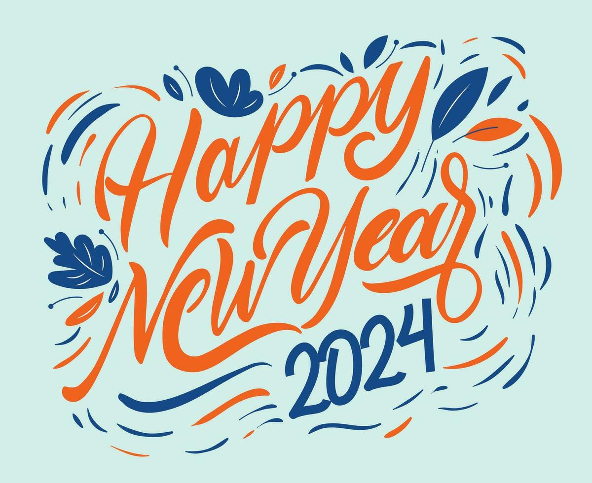 feliz Novo ano 2024 abstrato azul e laranja logotipo símbolo Projeto vetor ilustração com ciano fundo
