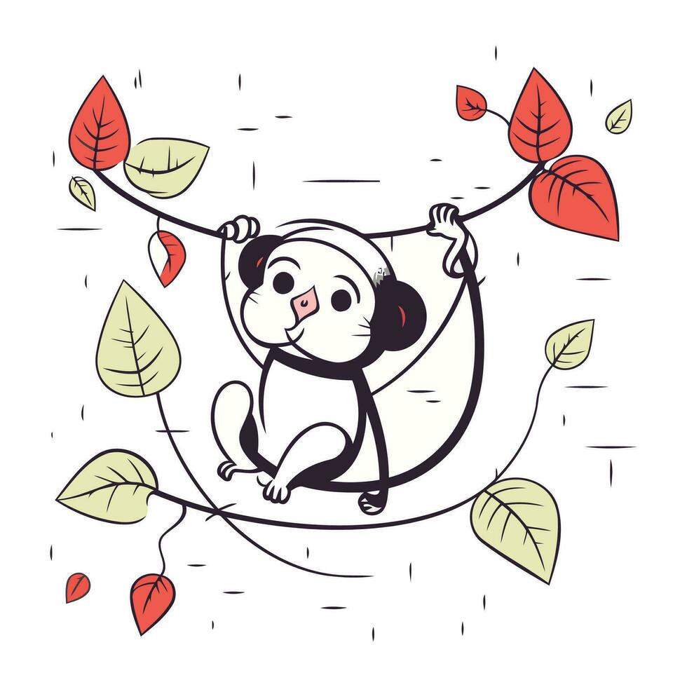 fofa desenho animado macaco suspensão em uma corda com folhas. vetor ilustração.