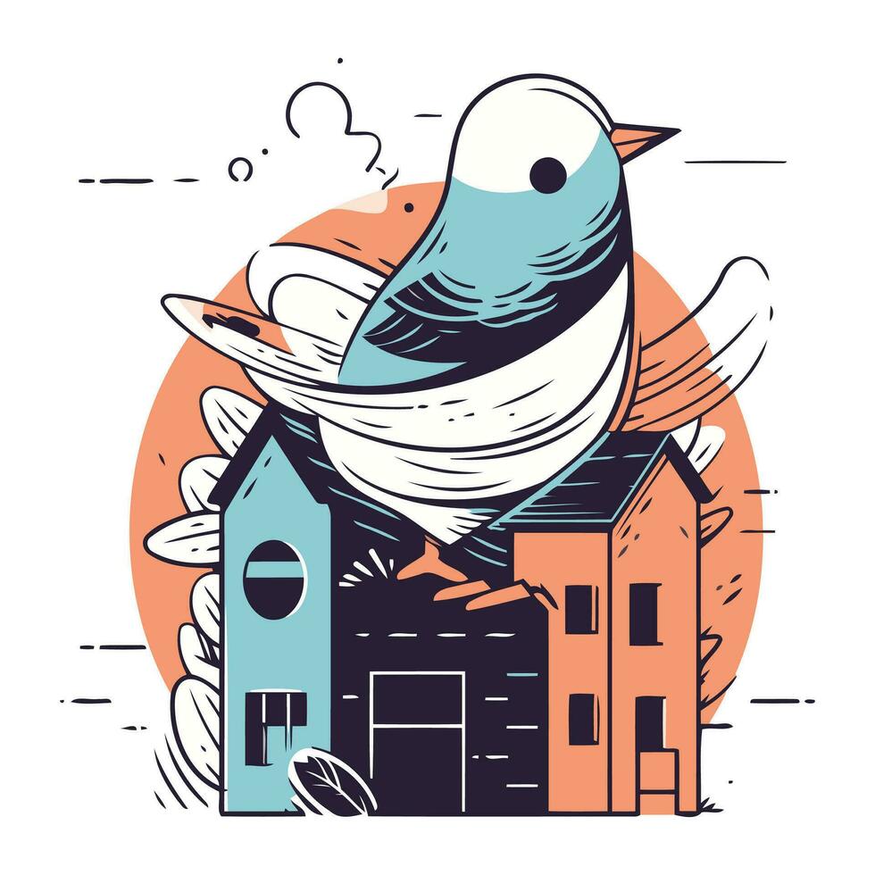 vetor ilustração do uma pássaro sentado em a cobertura do uma casa.