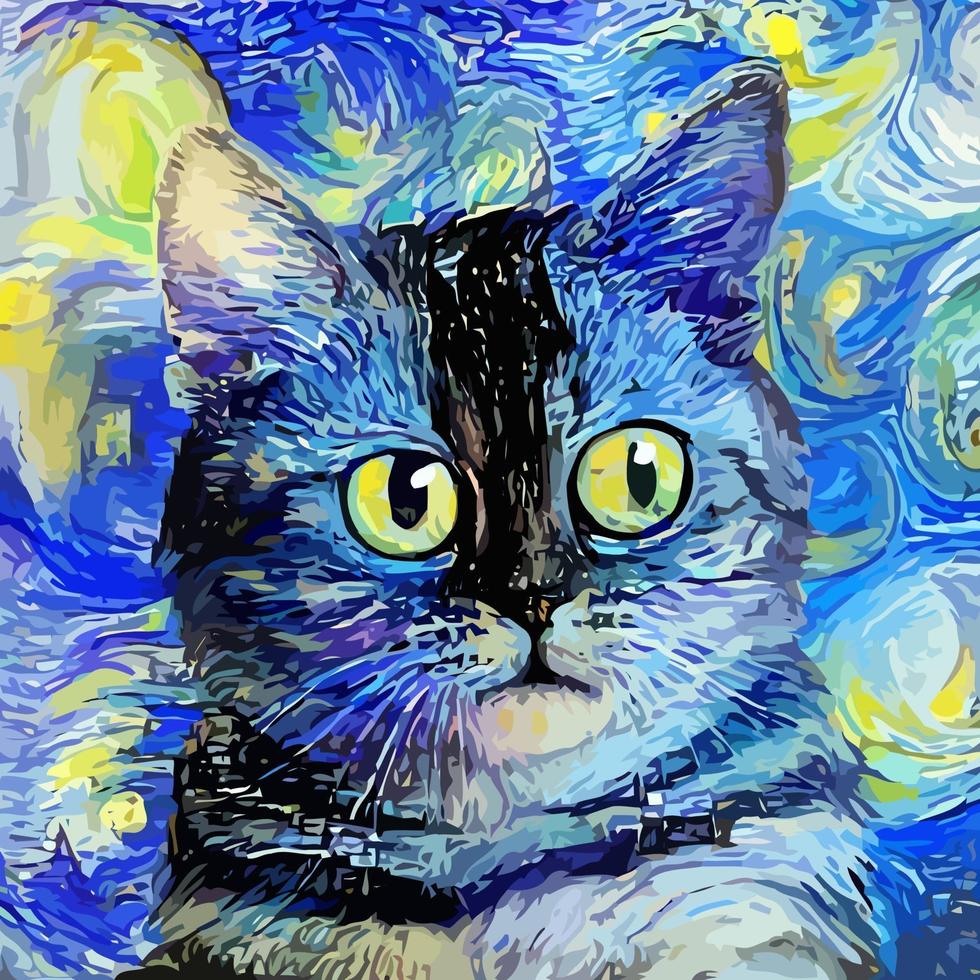 pintura de retrato de gato malhado de noite estrelada em estilo impressionista vetor