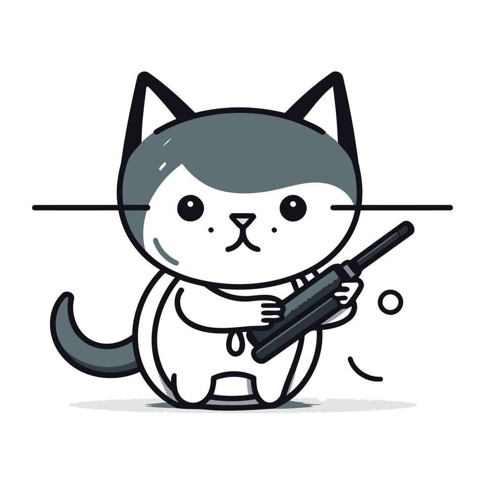fofa desenho animado gato com uma pistola. vetor ilustração em branco fundo.