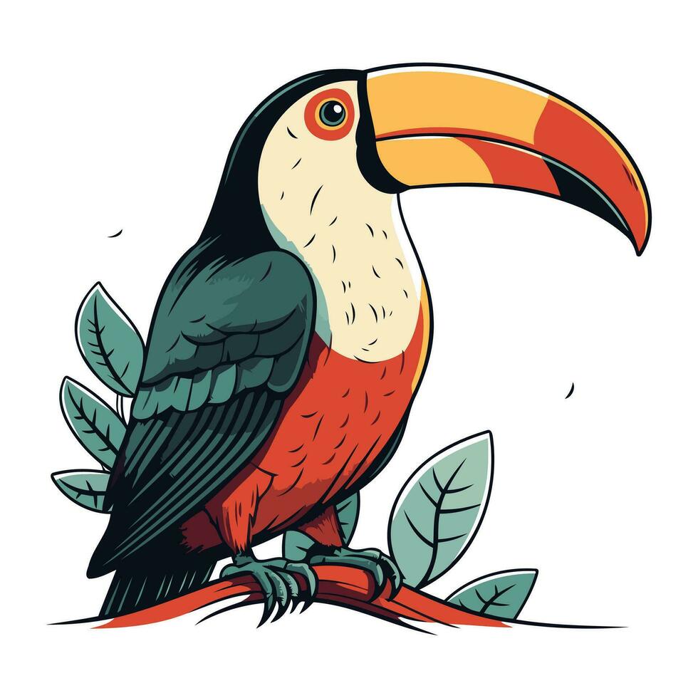 tucano sentado em uma ramo com folhas. vetor ilustração.