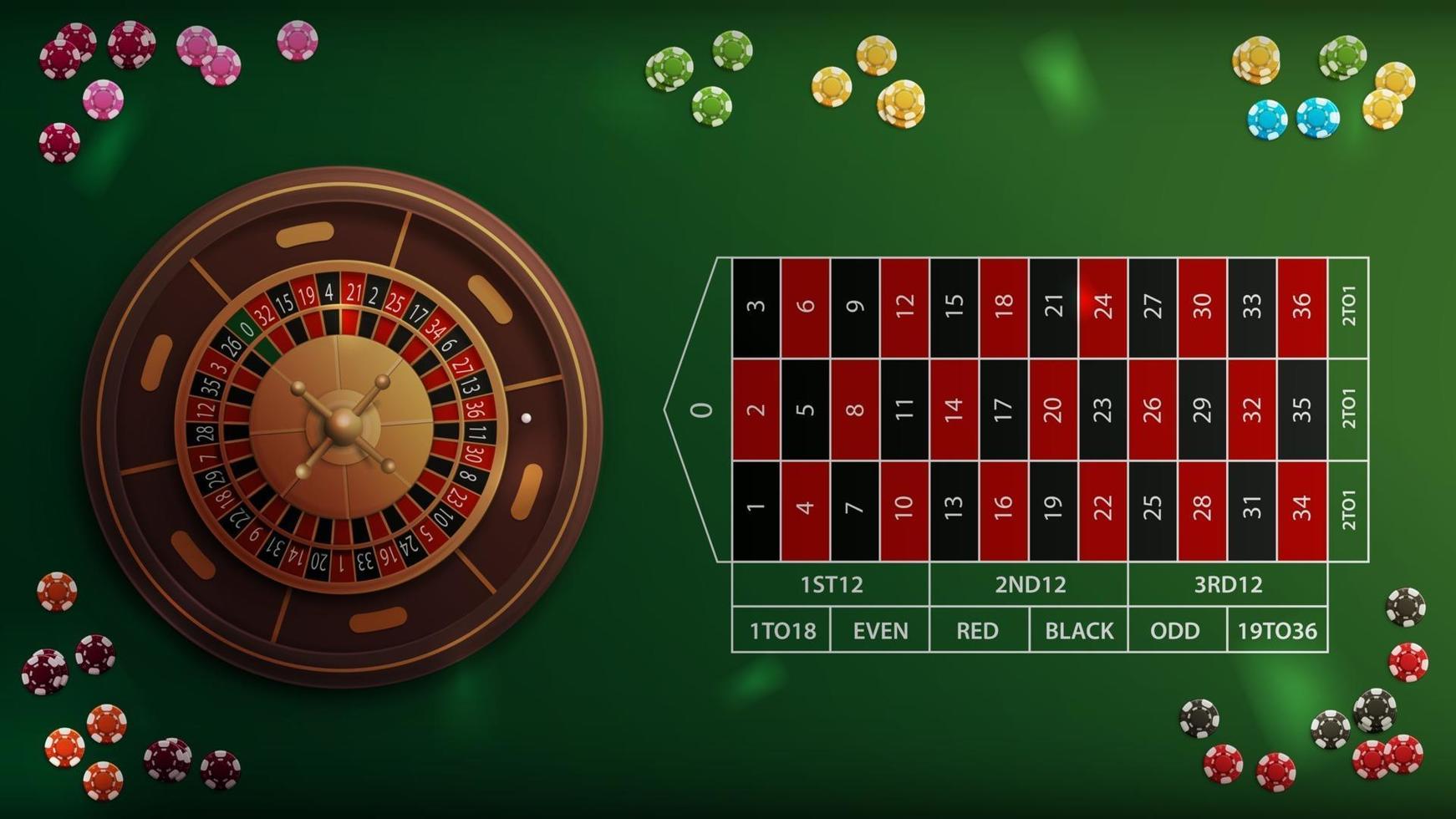 mesa verde de roleta de cassino realista com fichas de pôquer, vista de cima vetor