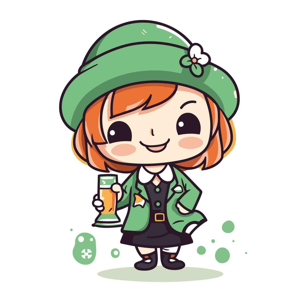 ilustração do uma fofa pequeno menina vestindo duende traje segurando uma vidro do Cerveja vetor