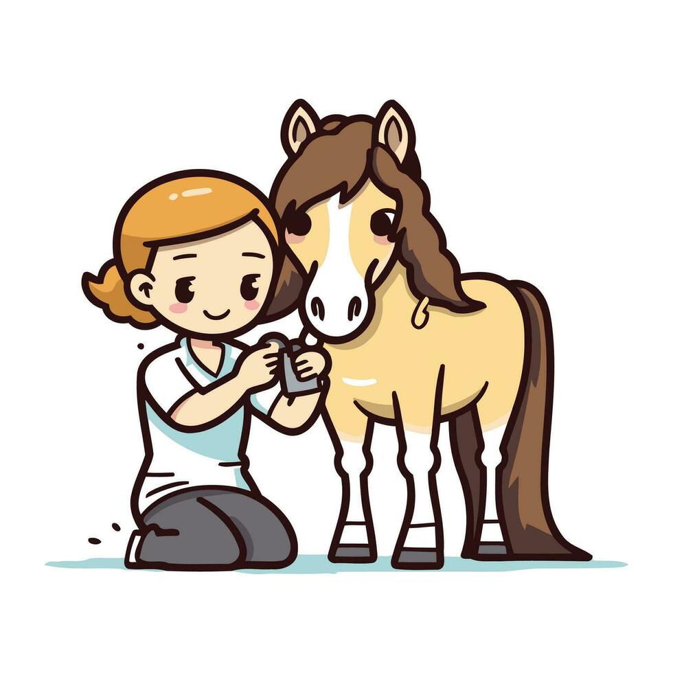 pequeno menina com uma cavalo. vetor ilustração dentro uma plano estilo.