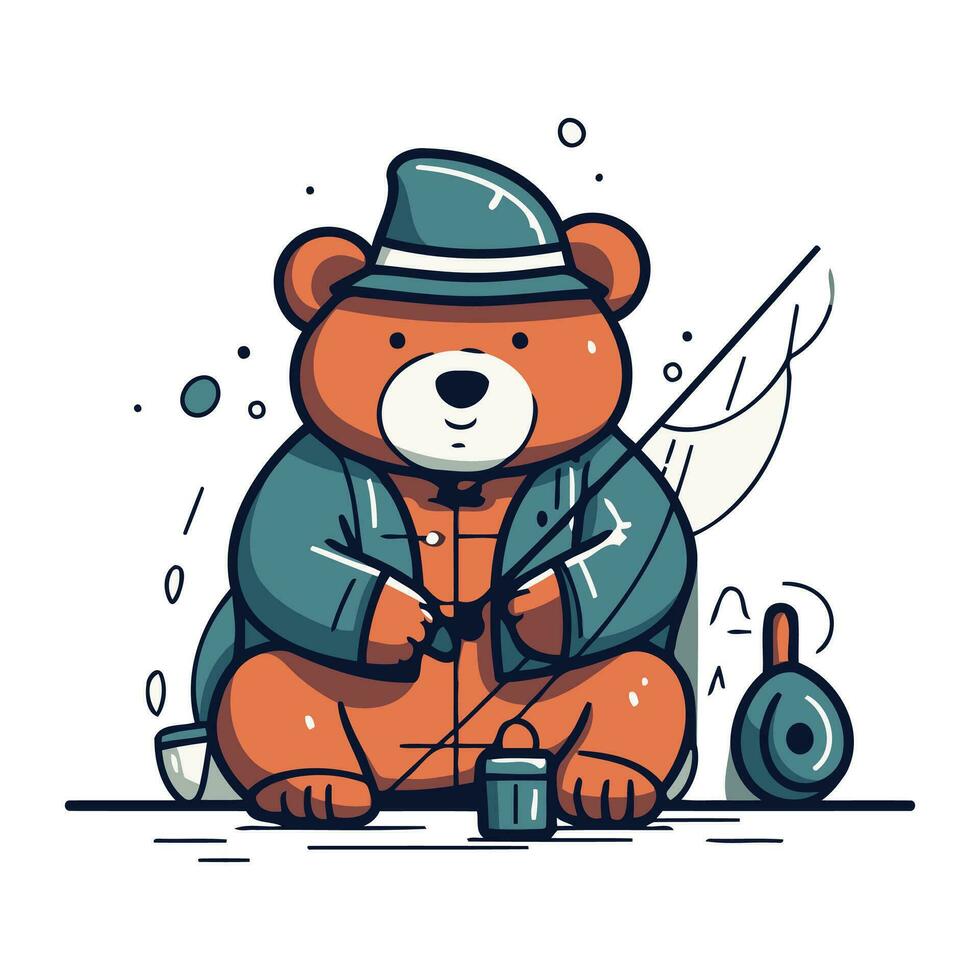 fofa desenho animado Urso sentado em a terra e pescaria. vetor ilustração.