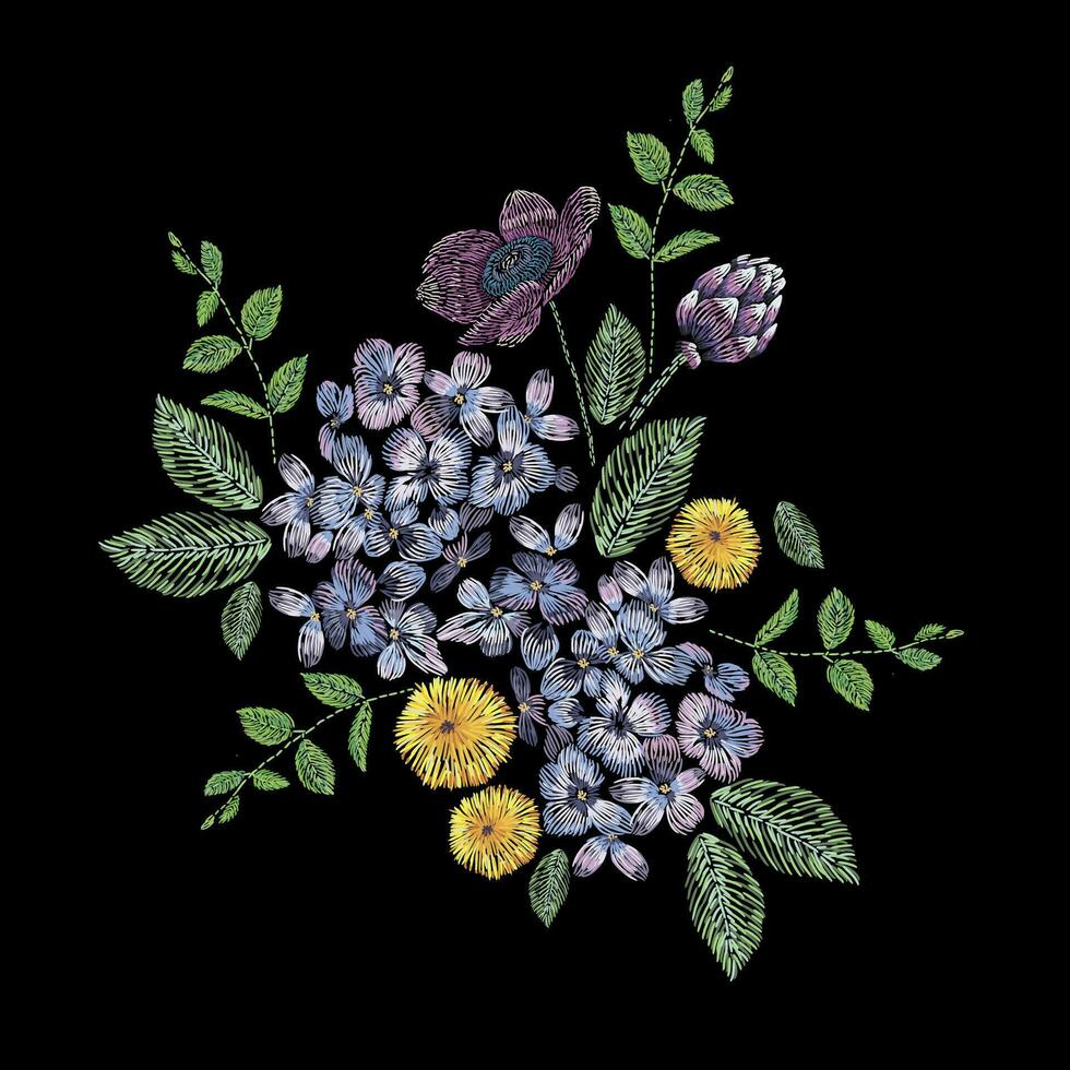 bordado composição com ramo do lilás, flores e folhas. cetim ponto bordado floral Projeto em Preto fundo. folk linha na moda padronizar para roupas, vestir, tecido, decoração. vetor