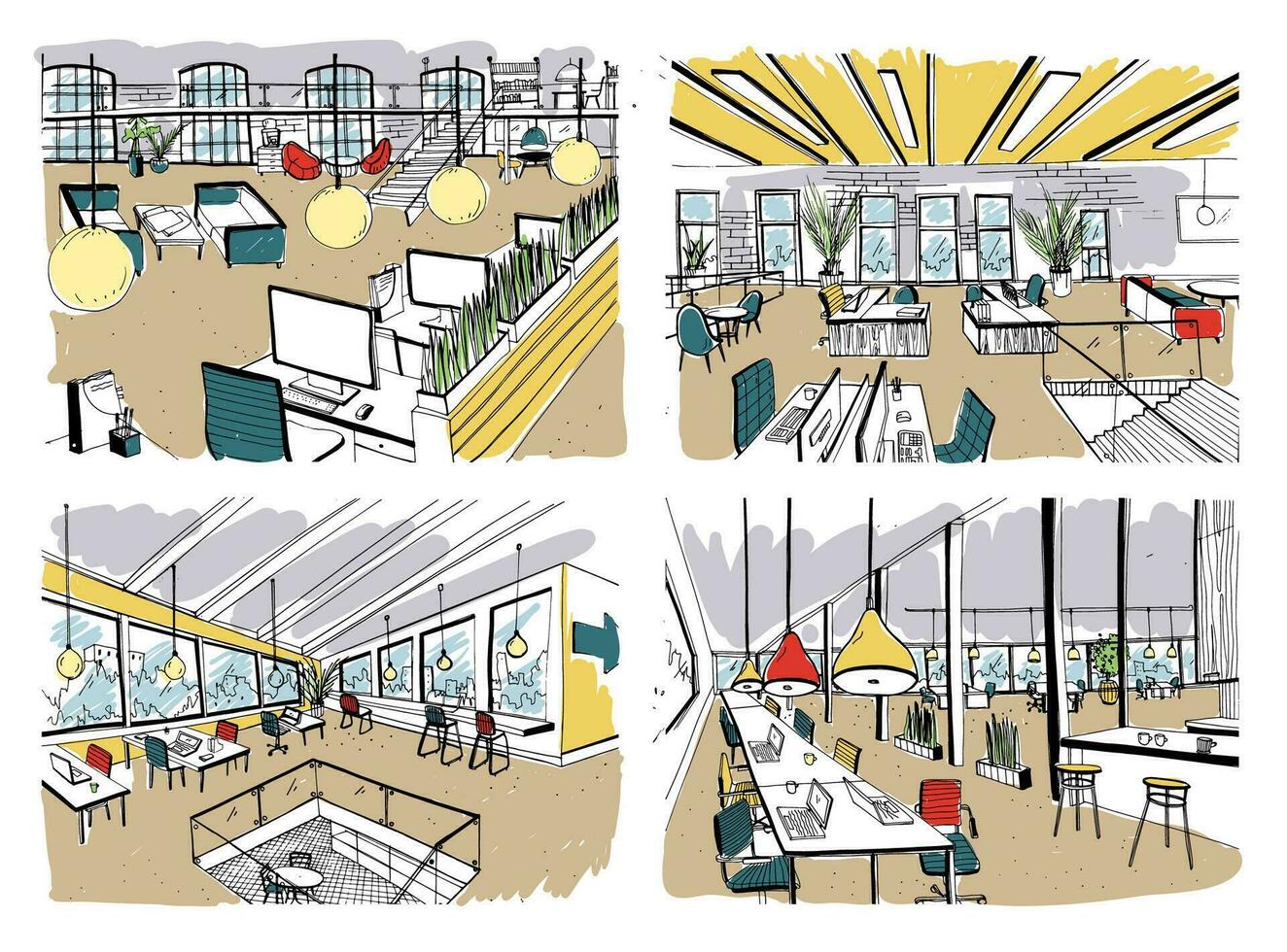 conjunto do mão desenhado coworking. moderno escritório interiores, aberto espaço. área de trabalho com computadores, laptops, iluminação e Lugar, colocar para descansar. colorida horizontal vetor esboço ilustração.