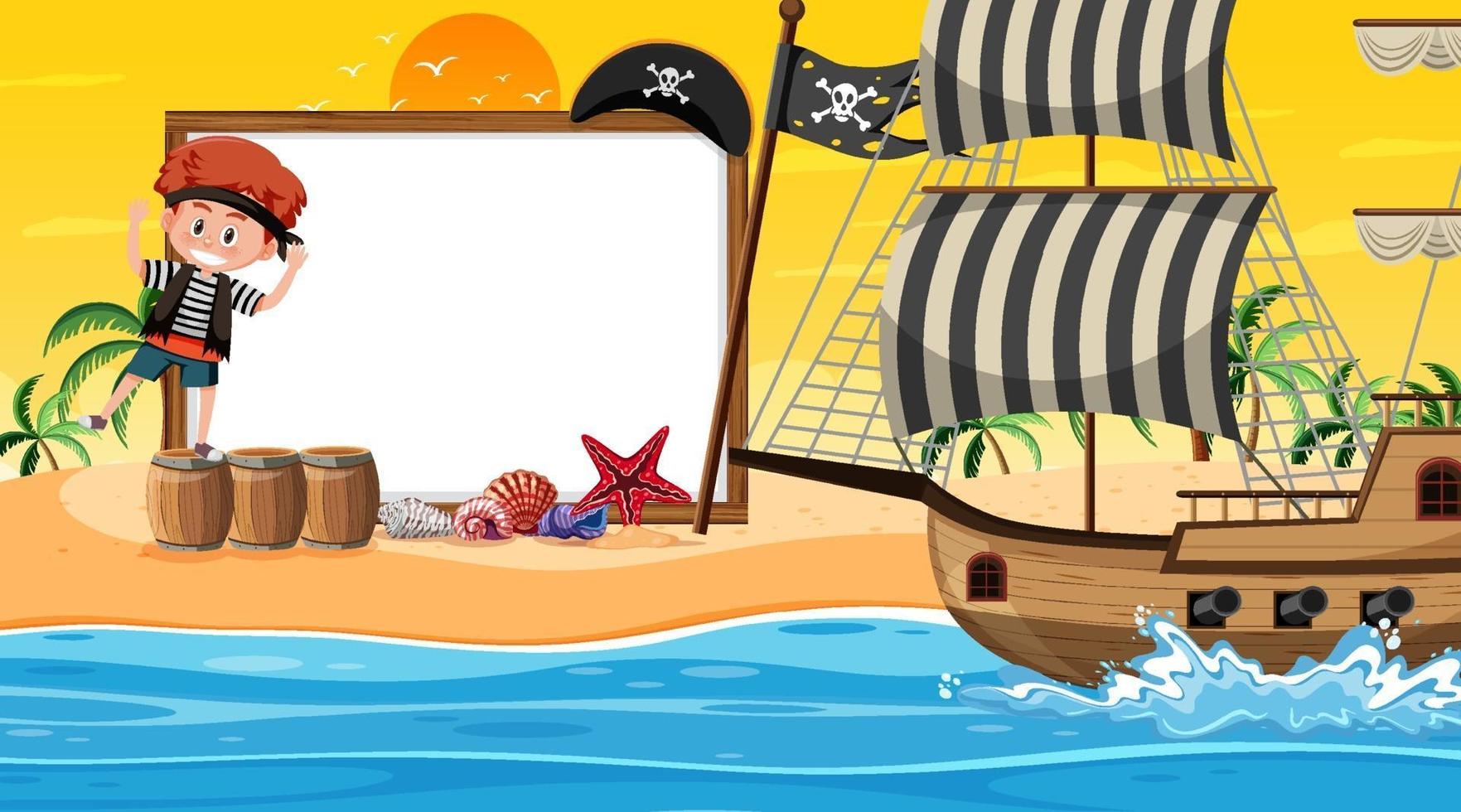 modelo de banner vazio com crianças piratas na cena do pôr do sol na praia vetor
