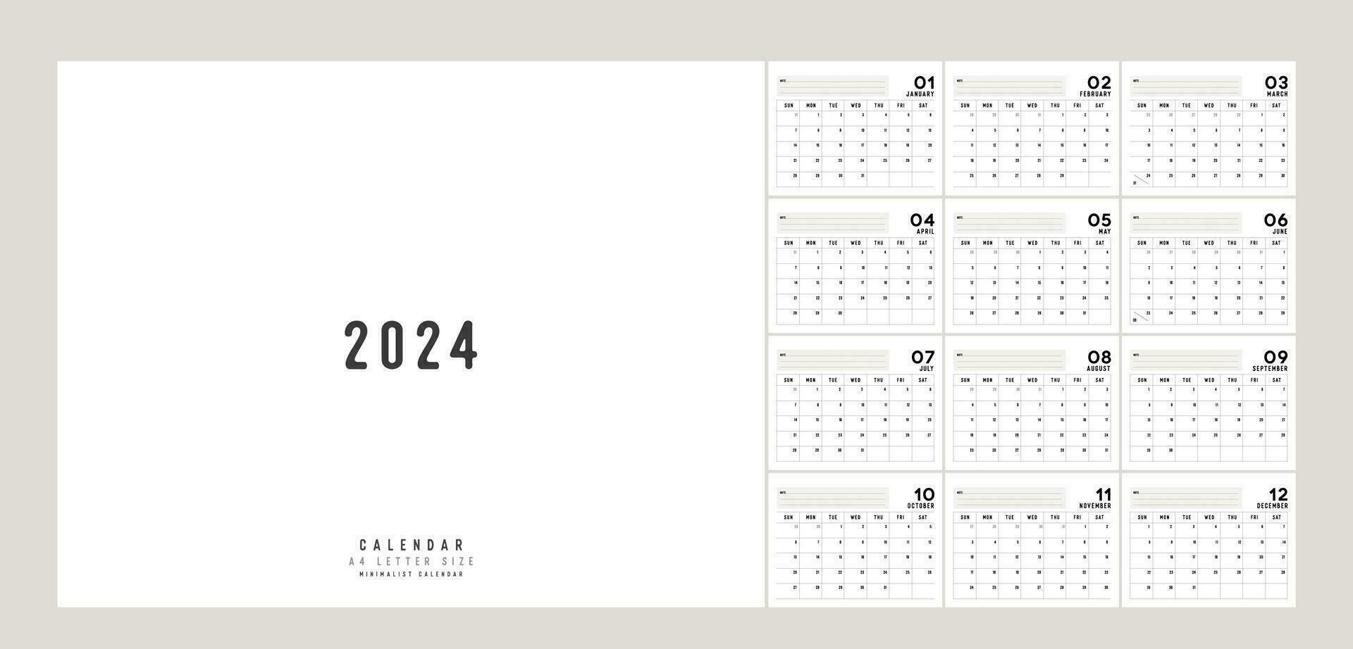 2024 calendário planejador minimalista estilo. clássico mínimo calendário 2024 planejador Projeto para impressão modelo conjunto do 12 Páginas escrivaninha calendário. vetor ilustração