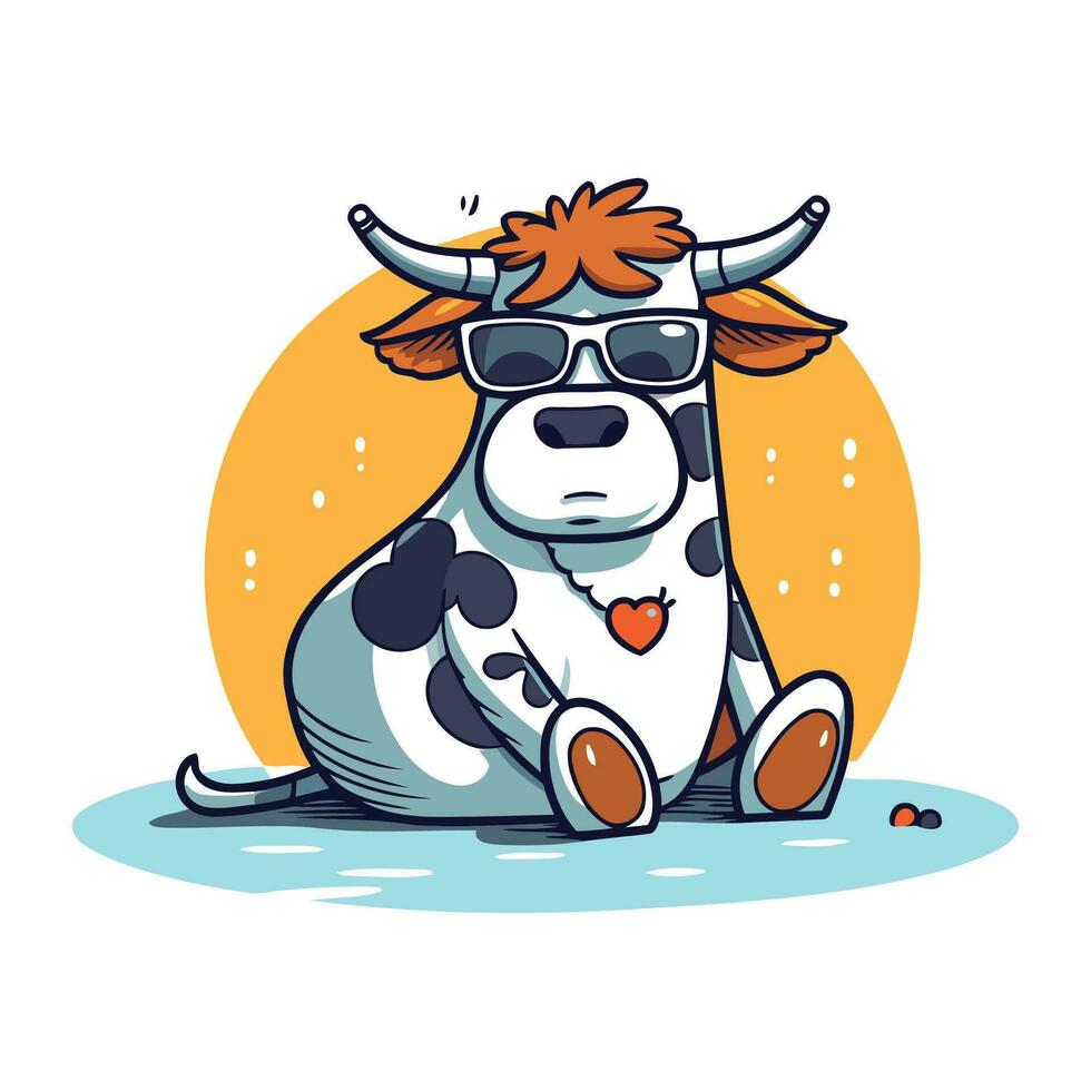 fofa desenho animado vaca com oculos escuros. vetor ilustração dentro uma plano estilo.