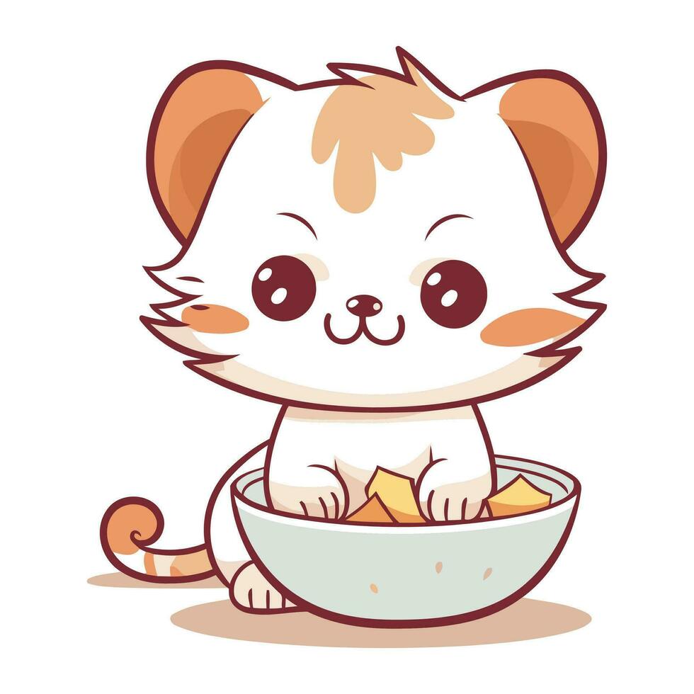 fofa desenho animado gato comendo uma tigela do Comida. vetor ilustração.