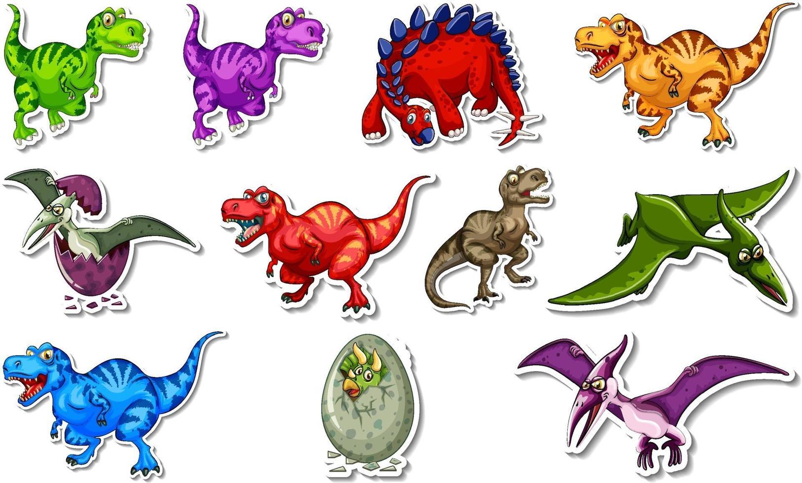 Conjunto de adesivos com diferentes tipos de personagens de desenhos animados de dinossauros vetor