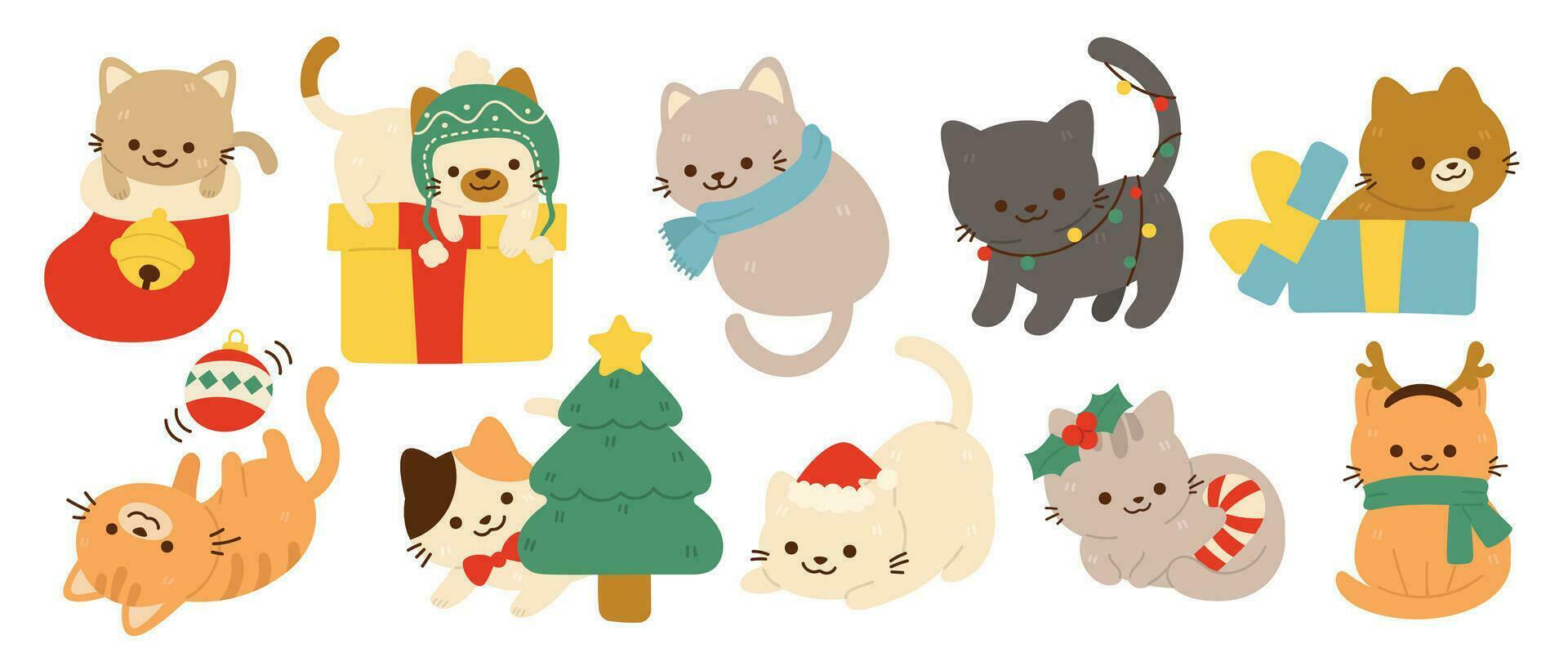 alegre Natal e feliz Novo ano conceito fundo vetor. coleção desenhando do fofa gatos com decorativo lenço, fita, chapéu. Projeto adequado para bandeira, convite, cartão, saudações, bandeira, cobrir. vetor